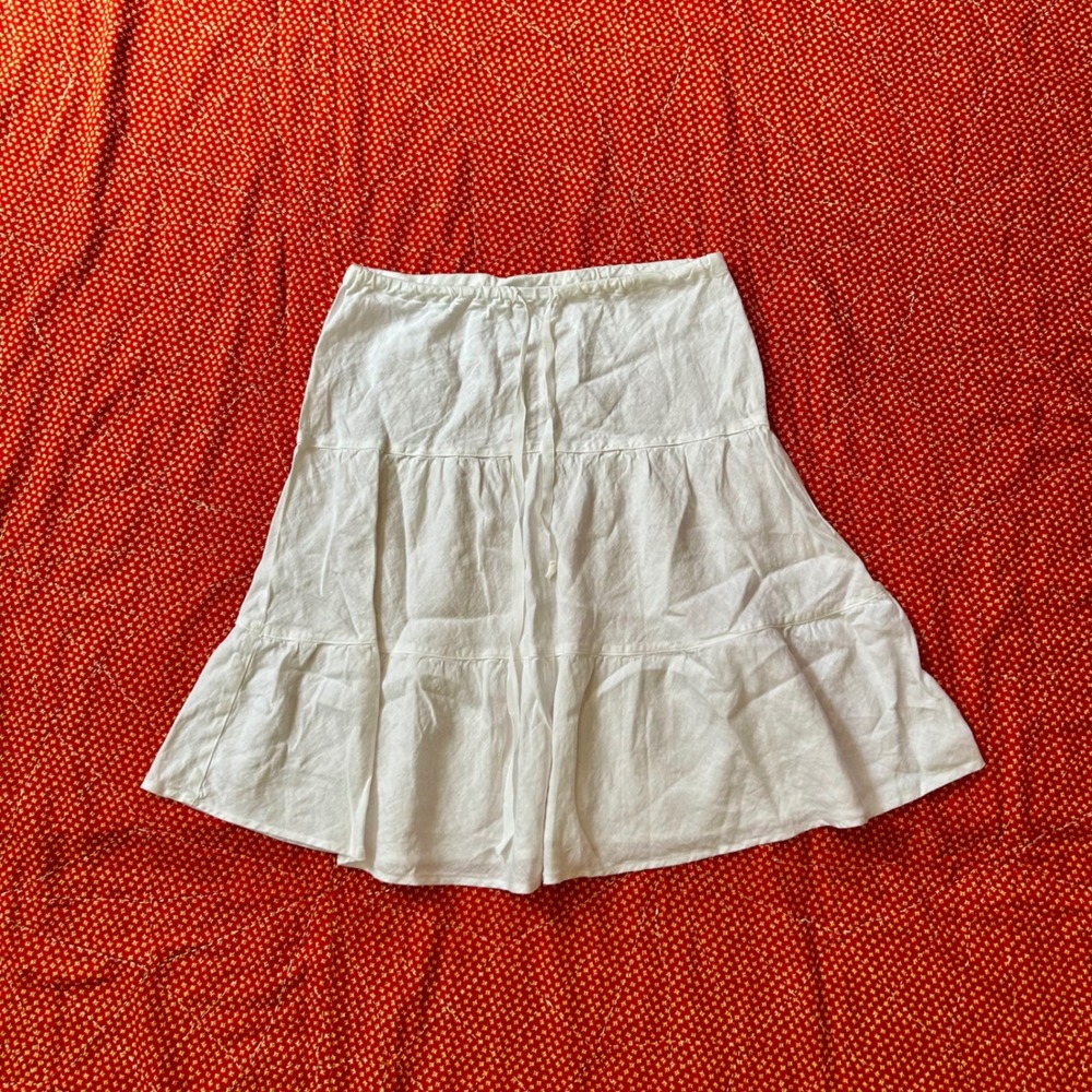 Allen Allen White Linen 2000s Tiered Midi Skirt Womens Medium Drawstring